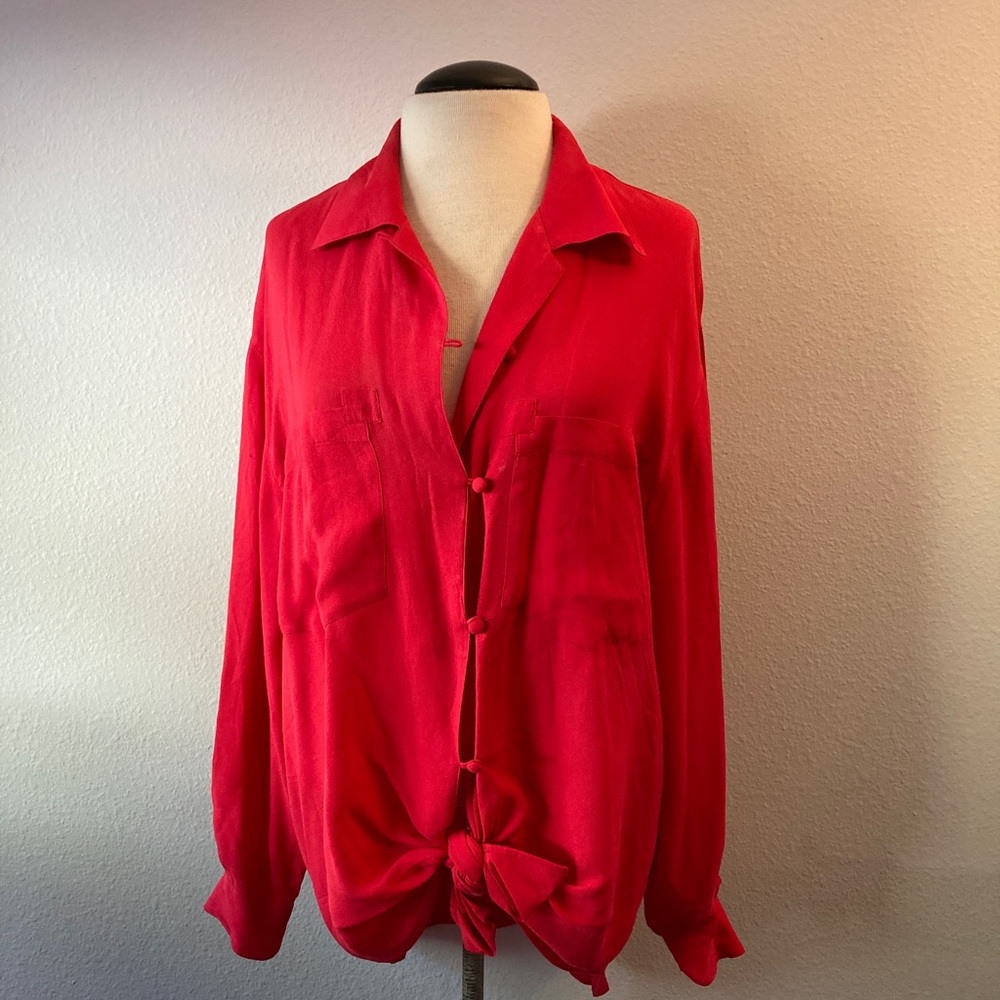 Carole Little Red Silk Button& Loop Front Blouse … - image 1